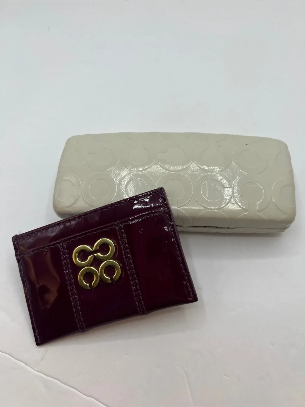 Coach Patent Leather Card Case in Deep Wine with Cream Signature Glasses case